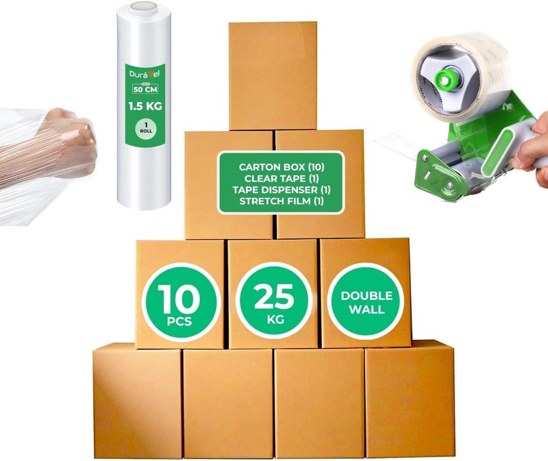 Duravel Moving Box Kit - 10 Double Wall Carton Boxes with Clear Tape, Stretch Film, and Tape Dispenser - Image 1